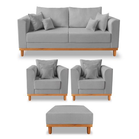 Kit Sofá 3 Lugares e 2 Poltronas Beny + Puff Isa com Base de Madeira Linho Cinza