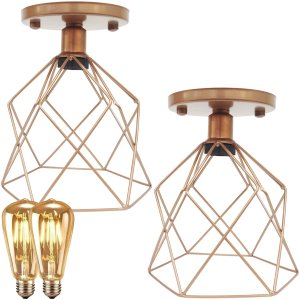 2 Lustre Teto Plafon + 2 Lâmpada Led St64 Industrial Aramado Cálice Retrô Luminária Vintage - Cobre 