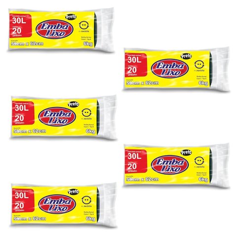 Kit 5 Pacotes Sacos de Lixo Preto Reciclado Resistente Reforçado 30 Litros 59cm x 62cm Pacote com 20