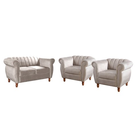 Conjunto Realeza Sofá com Poltronas Chesterfield Decoração Sala Recepção - Suede Bege Claro