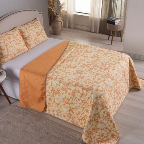 Kit Colcha Cobre Leito Casal 3 Peças Matelado Dupla Face Laranja