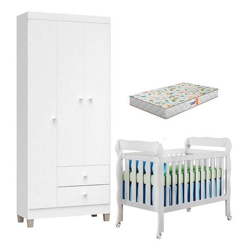Berço Americano Lila com Colchão Gazin e Guarda Roupa Ternura Baby 3 Portas Branco Brilho - Incorpla