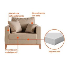 Poltrona Decorativa Estofada Living em Tecido Linho para Sala - Bege - 5