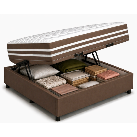 Kit Cama Box Baú Casal 138x188 cm + Colchão Molas Ensacada Casal 20 cm Marrom Suede
