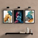 Ver imagem 2 de Kit 3 Quadros Mulher Com Flores Azuis 24x18cm:Madeira preta