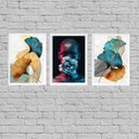 Ver imagem 1 de Kit 3 Quadros Mulher Com Flores Azuis 24x18cm:Madeira preta