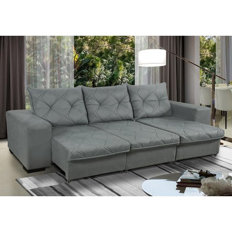 Sofá Retrátil e Reclinável 2,30m 4 Lugares Molas Helicoidais Suede Bali Cinza