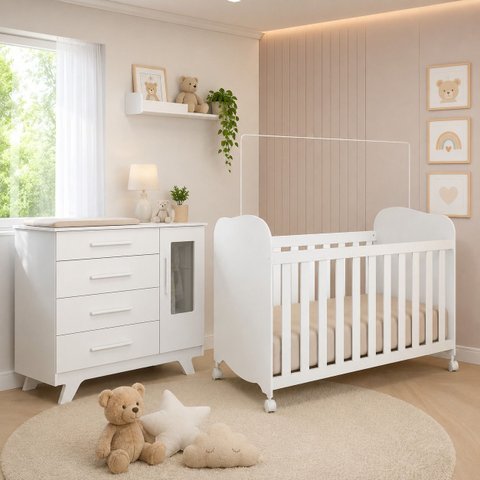 Kit Berço Uli com Cômoda Retrô Quarto Infantil Peroba Branco