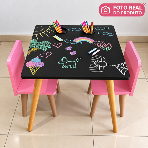 Mesa Infantil Tampo Lousa com 2 Cadeiras para Desenhar e Brincar:Cadeira Rosa