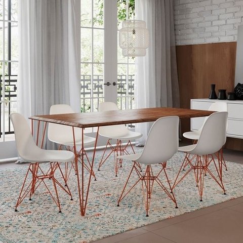 Conjunto De Mesa Eames Clips De Ferro Cobre Tampo Amêndoa 135x75 6 Cadeiras Cobre Assento Branco