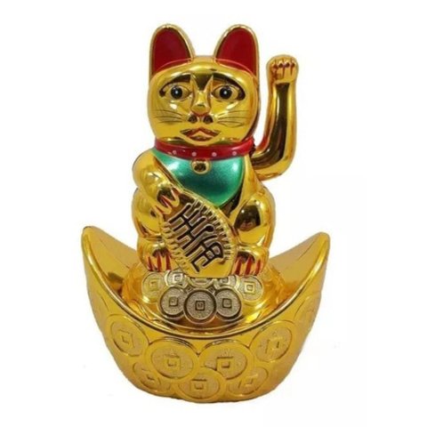 Maneki Neko Gato da Sorte Dourado Barco 10 Cm Pilha Aaa