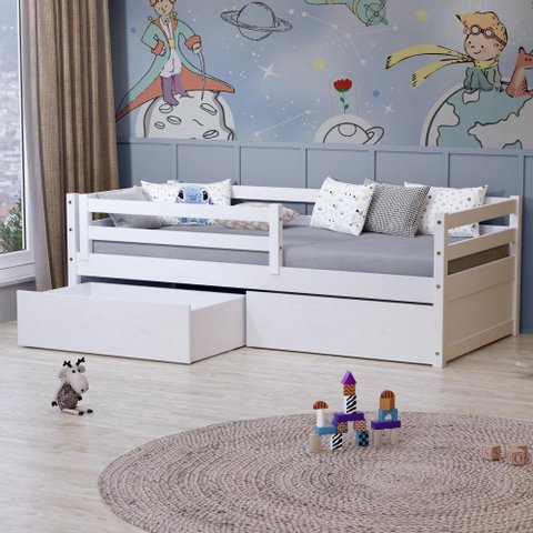 Cama Infantil Slim com 02 Gavetas e Grade de Proteção Madeira Maciça Branco Housin