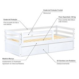 Cama Infantil Slim com 02 Gavetas e Grade de Proteção Madeira Maciça Branco Housin - 4