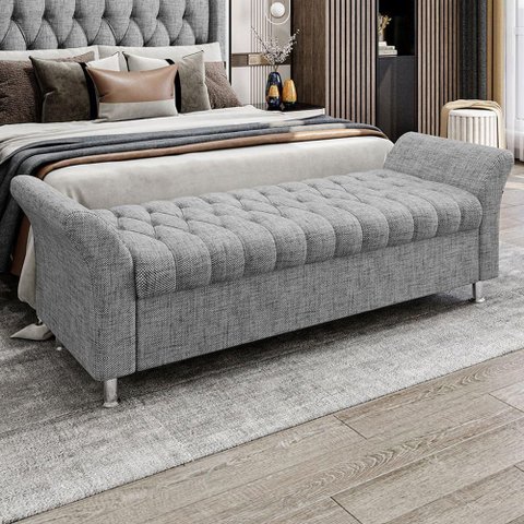 Recamier Puff Estofado Casal 140 Cm Ágata Linho Cinza