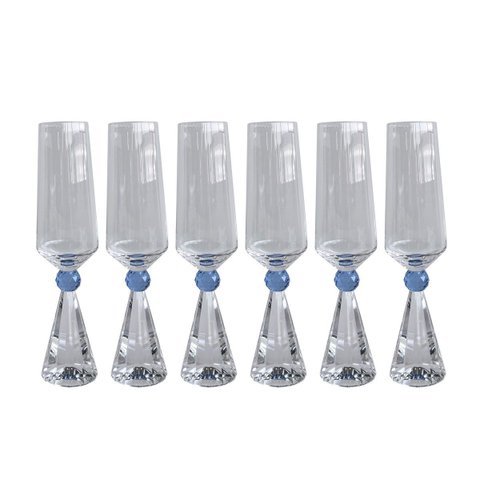 Conjunto 6 Taças Diamond para Champanhe Vidro com Base de Cristal Azul 305ml Bj0031 Btc
