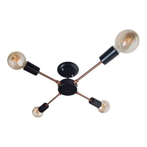 Lustre De Braço Para 04 Lâmpadas - Ideal Para Sala Quarto na cor preto com cobre- Modelo Sputinik