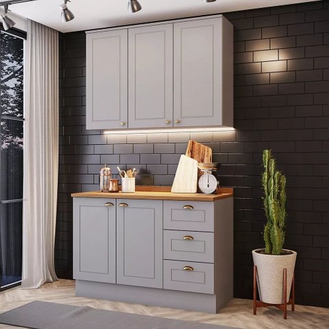 Cozinha Compacta 120cm 5 Portas 3 Gavetas com Tampo Americana Henn - Cinza/nature