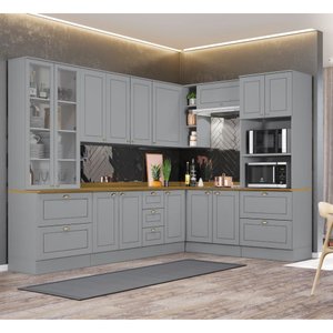 Cozinha Modulada de Canto 8 Peças 14 Portas 7 Gavetas Americana Henn - Cinza/nature