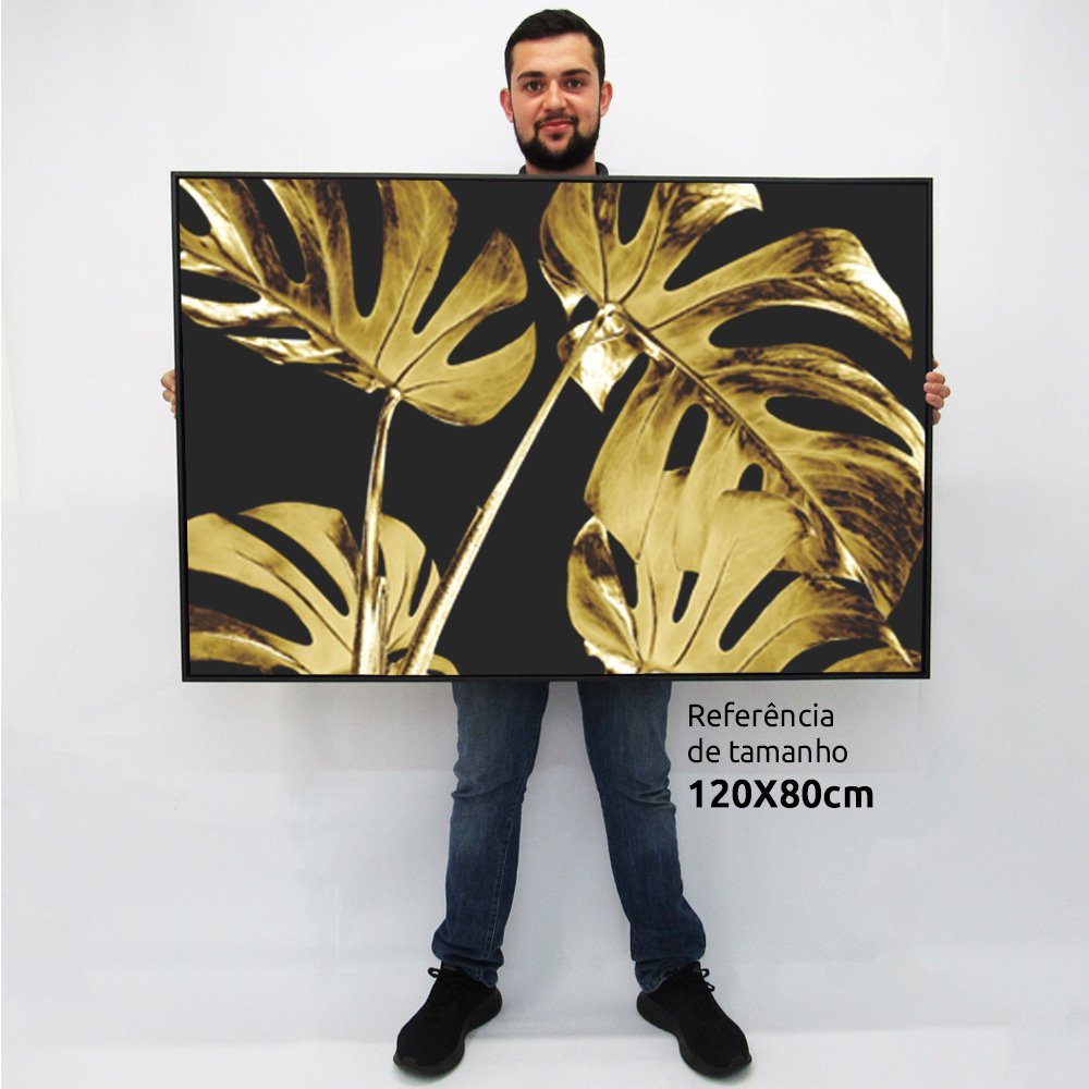 Quadro Decorativo Caixa Alta com Vidro Floral Folhagem Dourada TaColado Moldura Madeira 120 x 80cm - 2