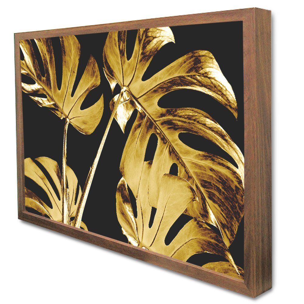 Quadro Decorativo Caixa Alta com Vidro Floral Folhagem Dourada TaColado Moldura Madeira 120 x 80cm - 1