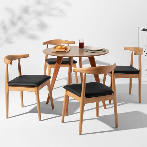 Mesa de Jantar Square Redonda Bétula - 88cm + 4 Cadeiras Elbow Madeira Abra Cadabra