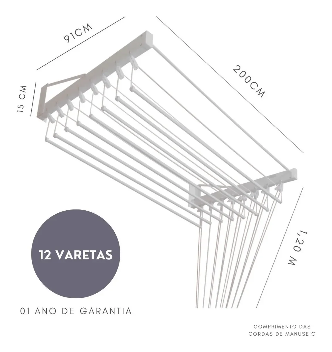 Varal De Parede Individual 200cm x 12 Varetas - Em Alumínio Branco - 2