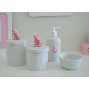 Kit Higiene Porcelana Bebê + Potes Algodão Cotonete - Ursa Rosa.