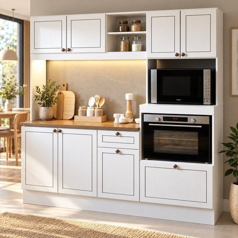 Cozinha Isis Americana Compacta com LED e Tampo Incluso e Espaço Forno e Microondas Branca