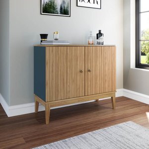 Aparador Buffet 90cm 2 Portas Puxador Metálico Pés Madeira Cor:mel Petróleo