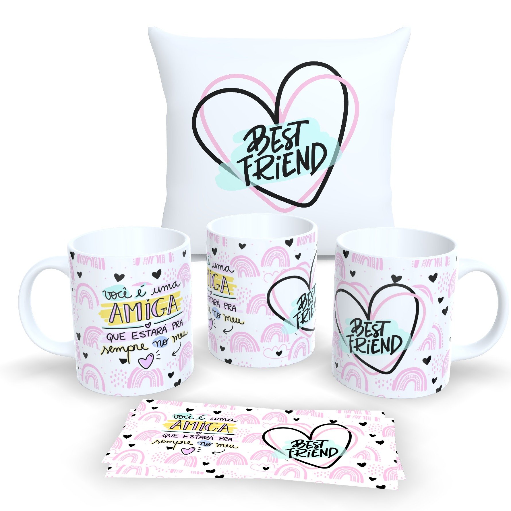 Kit com 1 Caneca Branca de Porcelana 325ml, e 1 Almofada Branca 30x30cm Personalizadas "amizade"