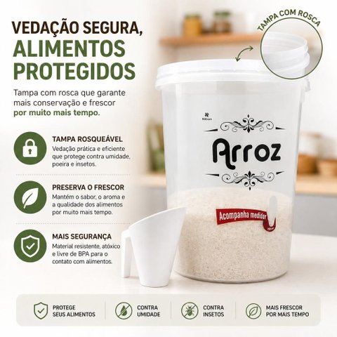 Pote Hermetico Porta Mantimento Grande com Copo Medidor Dispenser de Arroz 5,8L Organizador Lata Coz