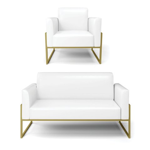 Sofá Namoradeira com Poltrona Base Industrial Alta Dourado Marisa Corano Branco D03 - D’Rossi