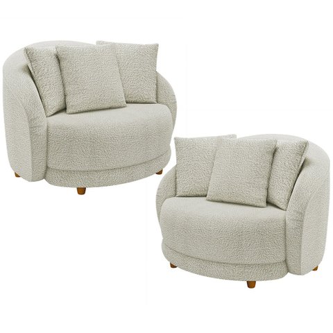 Kit 02 Poltronas Decorativa Sala de Estar Base Fixa de Madeira Witta M03 Bouclê Bege Claro - Lyam de