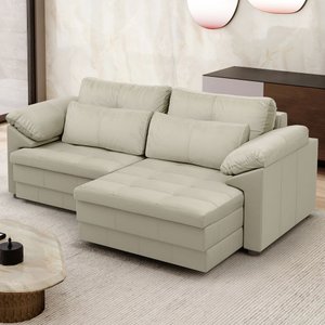 Sofá Retrátil para Sala de Estar 3 Lugares 215cm Riza S03 Couro Bege Pérola - Lyam Decor