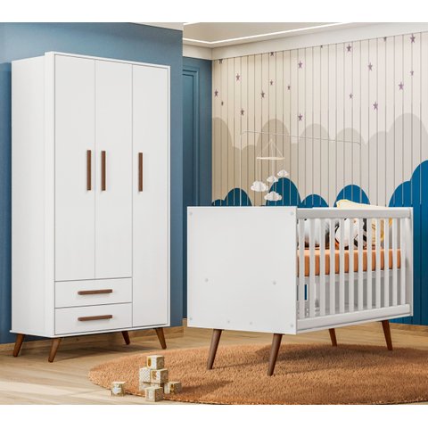 Quarto de Bebê Guarda Roupa e Berço Mini Cama Q Encanto Retrô Branco Qmovi