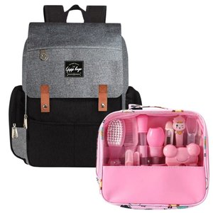 Kit Mochila Bolsa Maternidade e Higiene Bebê Neném 13 Itens:cinza+rosa