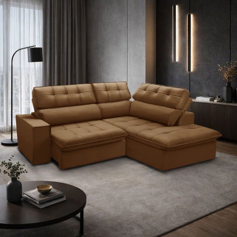Sofá 3 Lugares Retrátil Reclinável Chaise Direito 243cm Solin F04 Veludo Terracota - Lyam Decor