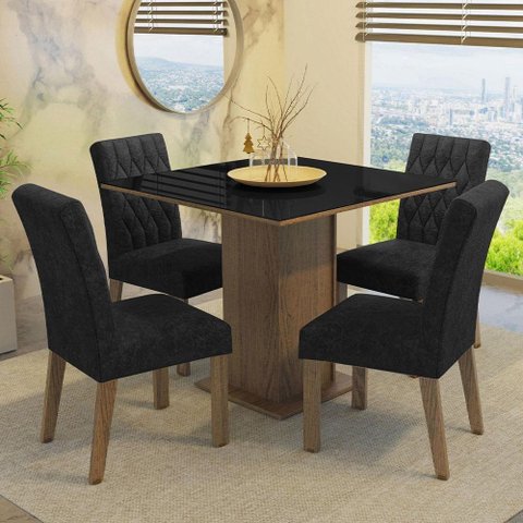 Conjunto Sala de Jantar Mesa Tampo de Vidro 4 Cadeiras Rustic/preto/oxford Anaju Madesa Rustic/preto