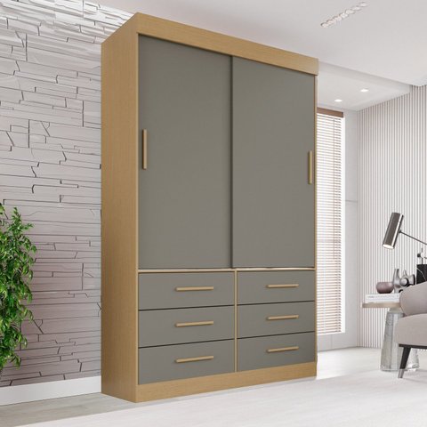 Guarda-Roupa Solteiro 2 Portas 6 Gavetas Luana Cinza/Jequitibá/Granizo