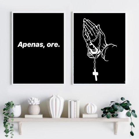 Kit 2 Quadros Religiosos Apenas ore 24x18cm - com Vidro:madeira Branca
