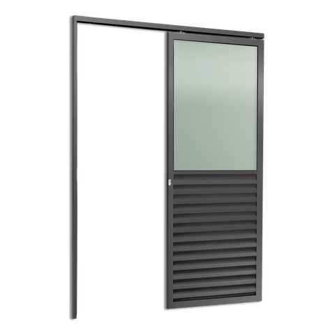 Porta de Correr Suspensa Meia Veneziana Meia Vidro Esq L.25 Cinza 210x90 Brimak