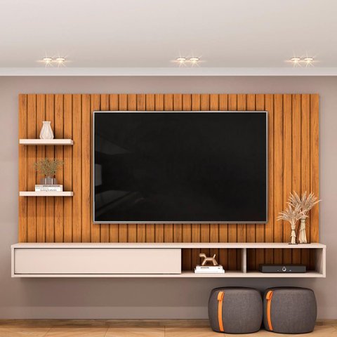 Painel Ripado TV 60 pol com Bancada Suspensa 179cm Joan D05 Freijó Off White - Lyam Decor