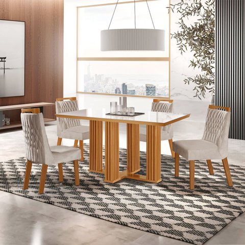 Conjunto de Jantar Mesa Florença 120x80cm Tampo MDF e Vidro com 4 Cadeiras Atena Marrom/Castanho Cinamomo/Pena Bege/Off White