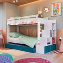 Ver imagem 2 de Treliche Infantil Branco e Azul Escada Lateral Nichos Gavetas e Cama Auxiliar Completa Móveis
