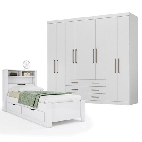 Guarda Roupa Casal Master 8 Portas 6 Gavetas MDP 238,8cm Branco Brilho e Cama Solteiro Invicta