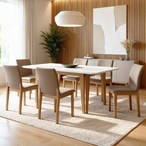 Conjunto Sala de Jantar 6 Lugares Retangular Tampo Vidro Base Madeira Maciça Mesa e Cadeiras Bella