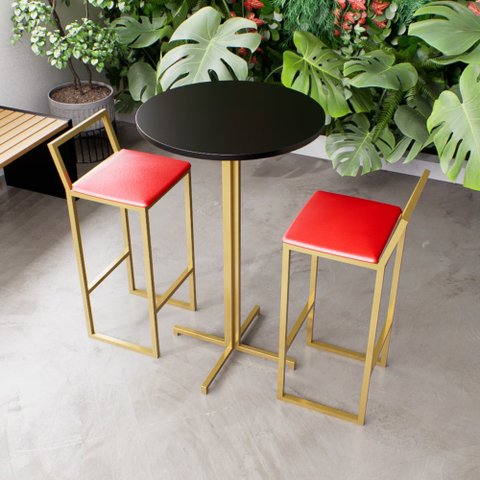 Jogo Mesa Alta Bistrô Redonda Preta 2 Banquetas Estofado Confort Industrial Dourado Don Castro Decor