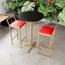 Ver imagem 1 de Jogo Mesa Alta Bistrô Redonda Preta 2 Banquetas Estofado Confort Industrial Dourado Don Castro Decor