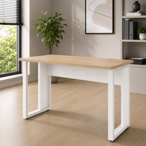 Mesa Escrivaninha 120 cm X 60 cm Tampo 25 mm Design Industrial F5 Office Cor:Macadâmia com Branco