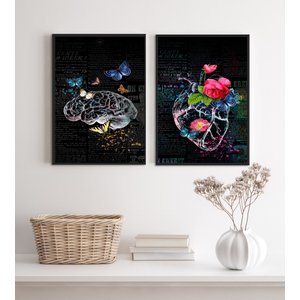 Kit 2 Quadros Cérebro Coração- Flores e Borboletas 24x18cm - com Vidro:madeira Preta